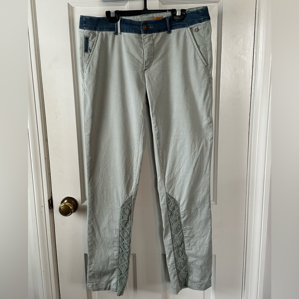 Anthropologie Pilcro Stylish Light Green Pants with Lace Like Accents